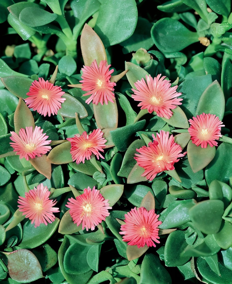 Aptenia cordifolia in piena fioritura come tappezzante in un giardino mediterraneo