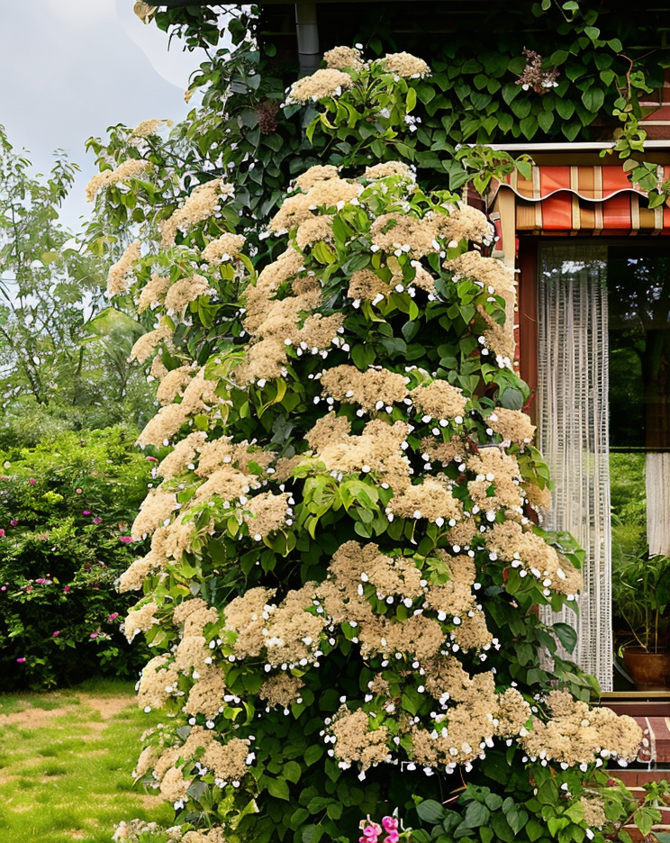 Hydrangea anomala petiolaris rampicante su muro in giardino