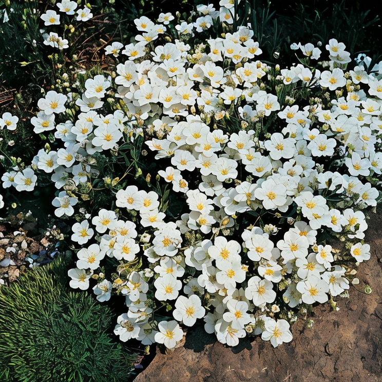Arenaria montana in piena fioritura, tappeto di fiori bianchi in un giardino roccioso