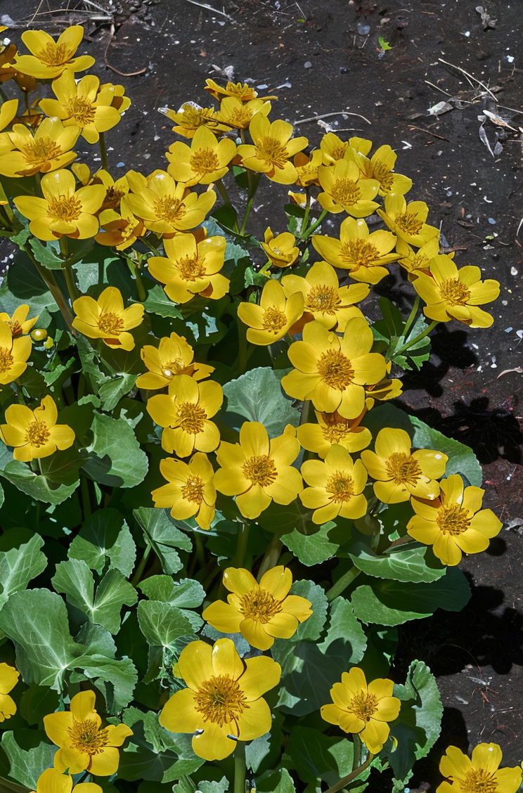 Caltha palustris in fiore in un laghetto naturale