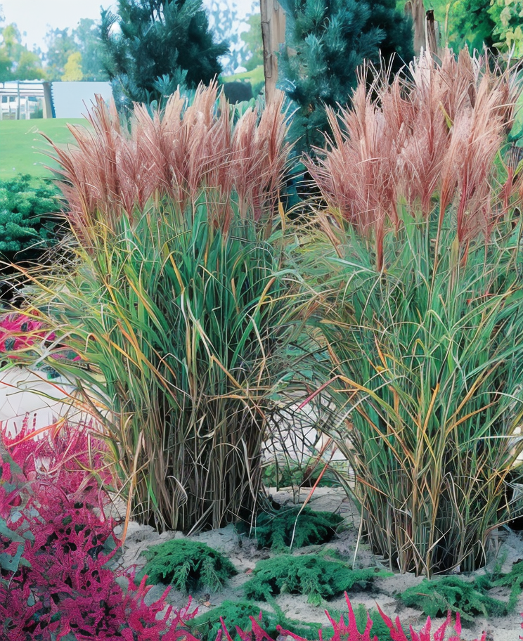 Miscanthus sinensis Farner Osten in fiore in un giardino autunnale