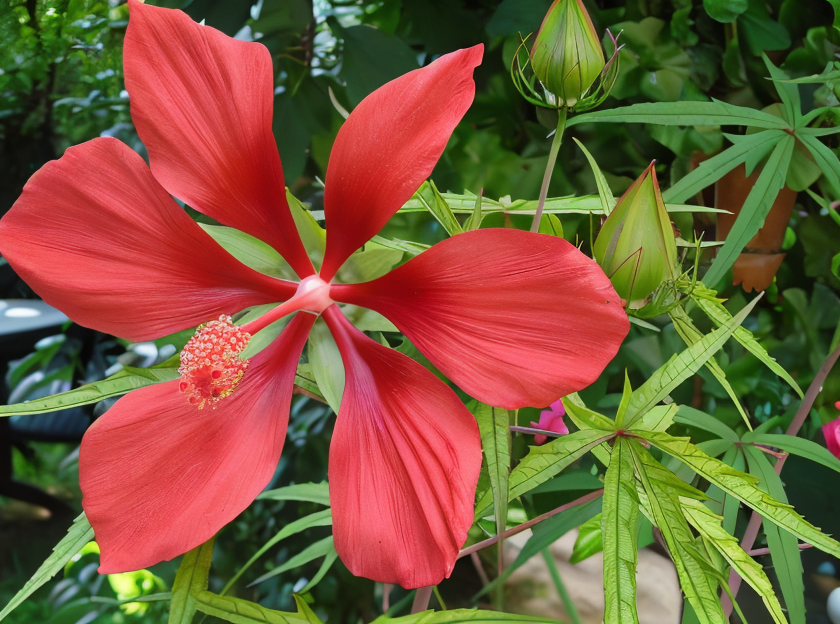 Hibiscus coccineus, Ibisco scarlatto in fiore, design giardino acquatico