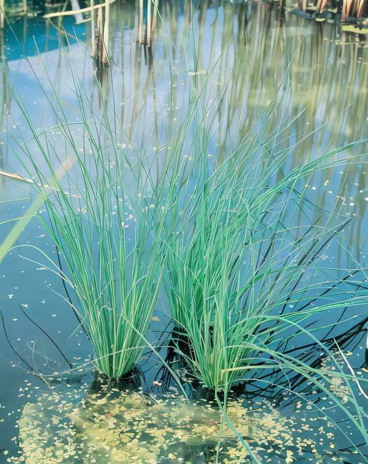 Juncus inflexus 'Glaucus' su bordo di laghetto in giardino acquatico