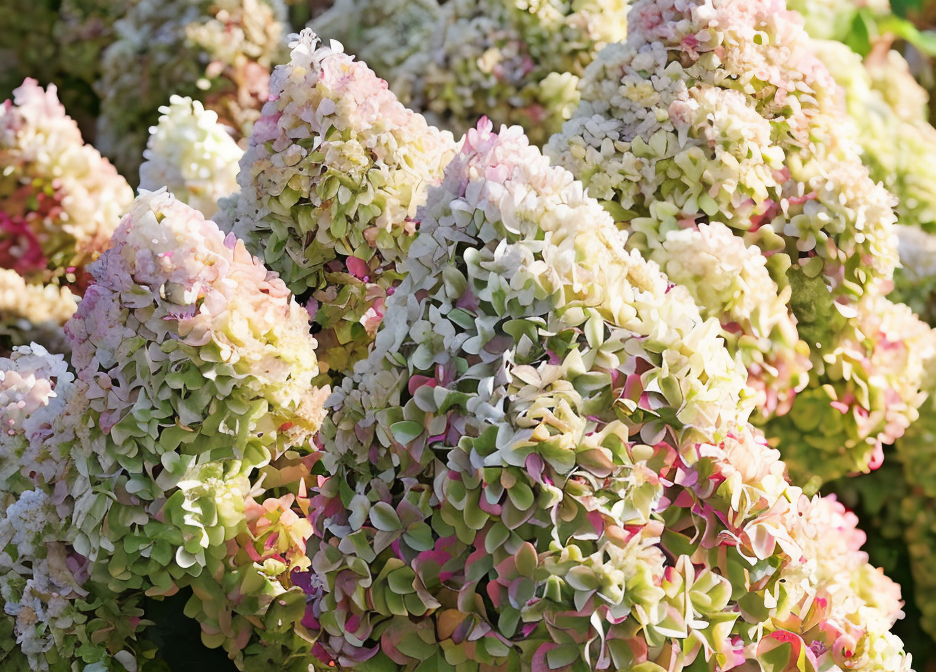 Hydrangea paniculata Diamantino in piena fioritura con infiorescenze bianche e rosa in un giardino
