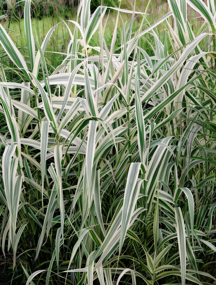 Arundo donax 'Variegata' in un giardino mediterraneo, foglie striate.