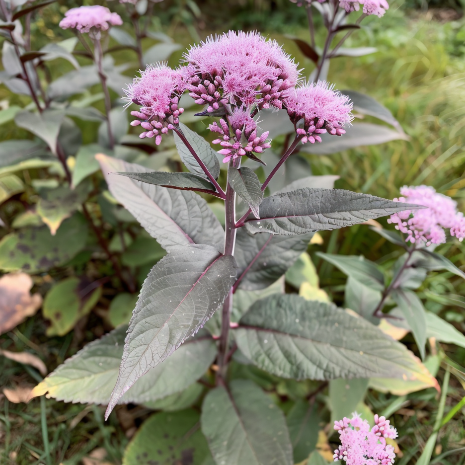 Eutrochium maculatum 'Atropurpureum' in piena fioritura in un giardino acquatico.