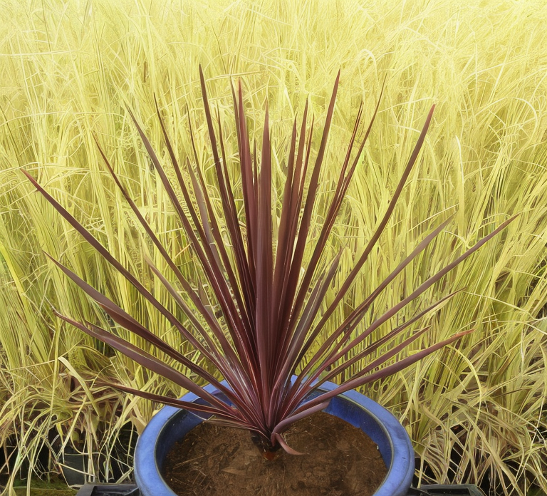 Cordyline australis 'Little Redstar', pianta in vaso con fogliame rosso scuro, ideale per design esterno
