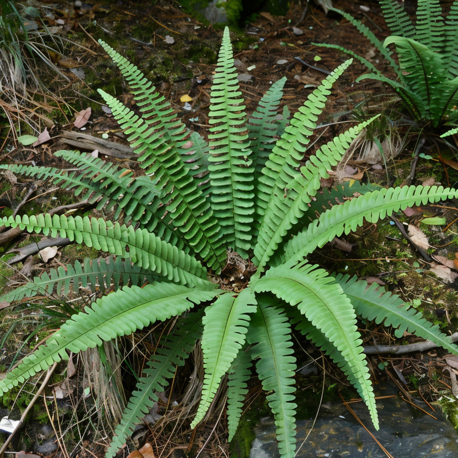 Felce Blechnum spicant in primo piano nel sottobosco ombreggiato