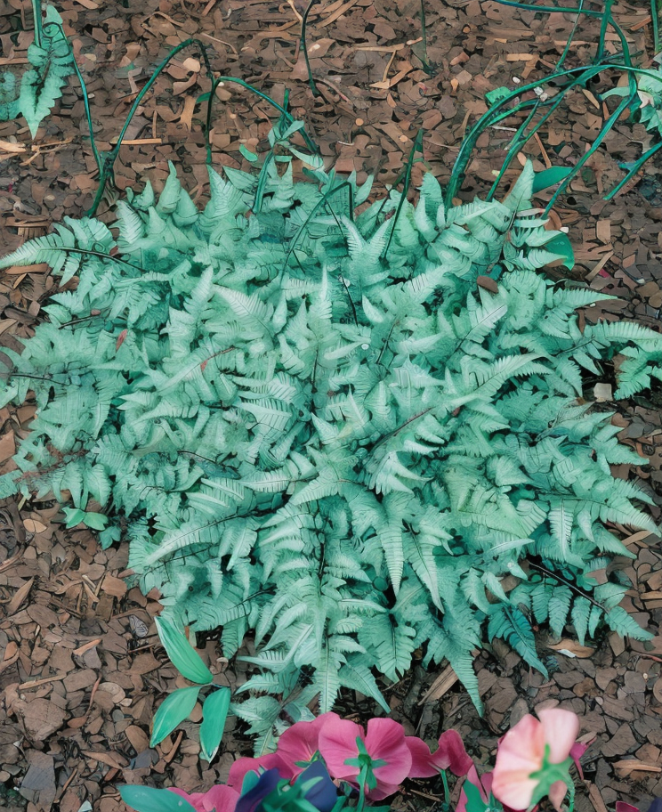 Felce Athyrium niponicum Pictum Metallicum nel sottobosco ombroso
