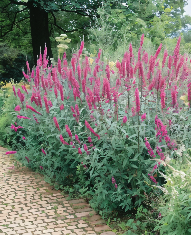 Lythrum salicaria in piena fioritura in un giardino acquatico con fiori viola.