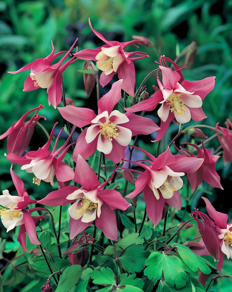 Aquilegia 'Red Obit' in piena fioritura con petali rosso scuro in un giardino primaverile