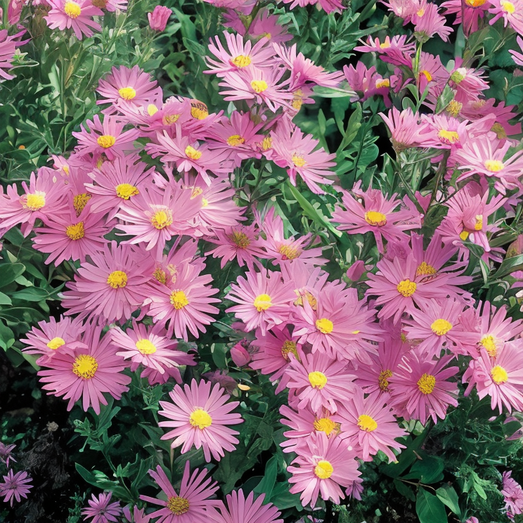Aster Symphyotrichum dumosum Anneke in piena fioritura autunnale, bordura giardino