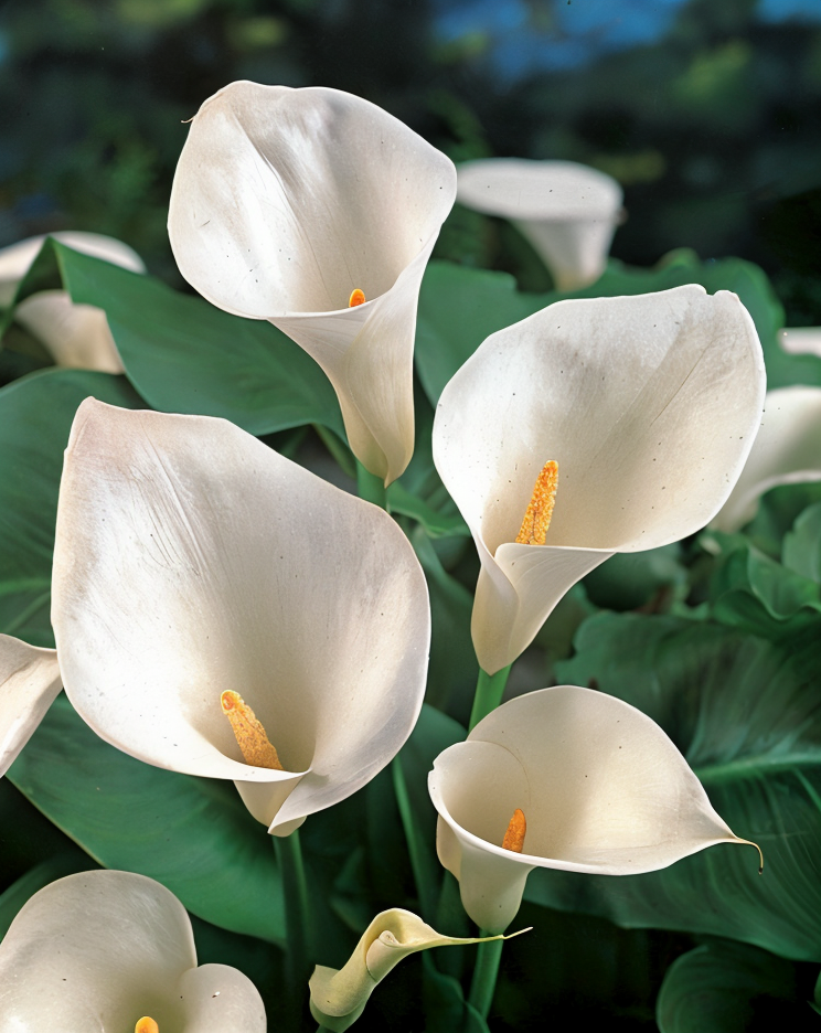 Calla (Zantedeschia aethiopica) bianca in primo piano, design giardino acquatico